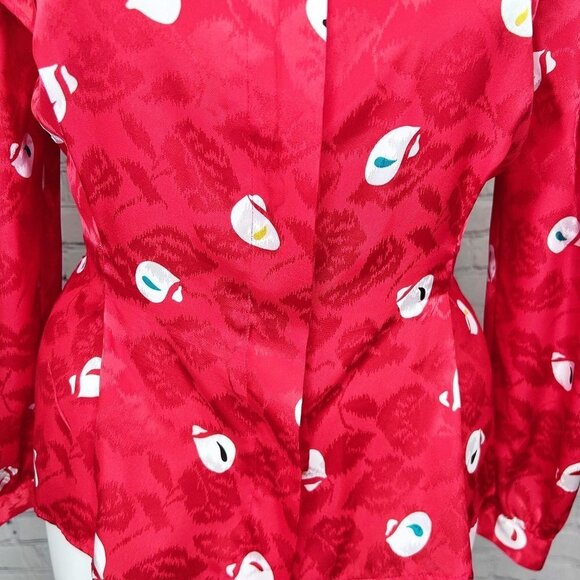 VINTAGE ANNE KLEIN SILKY RED PRINT SECRETARY BLOUSE TOP W/ BOW - 12 - Picture 3 of 5